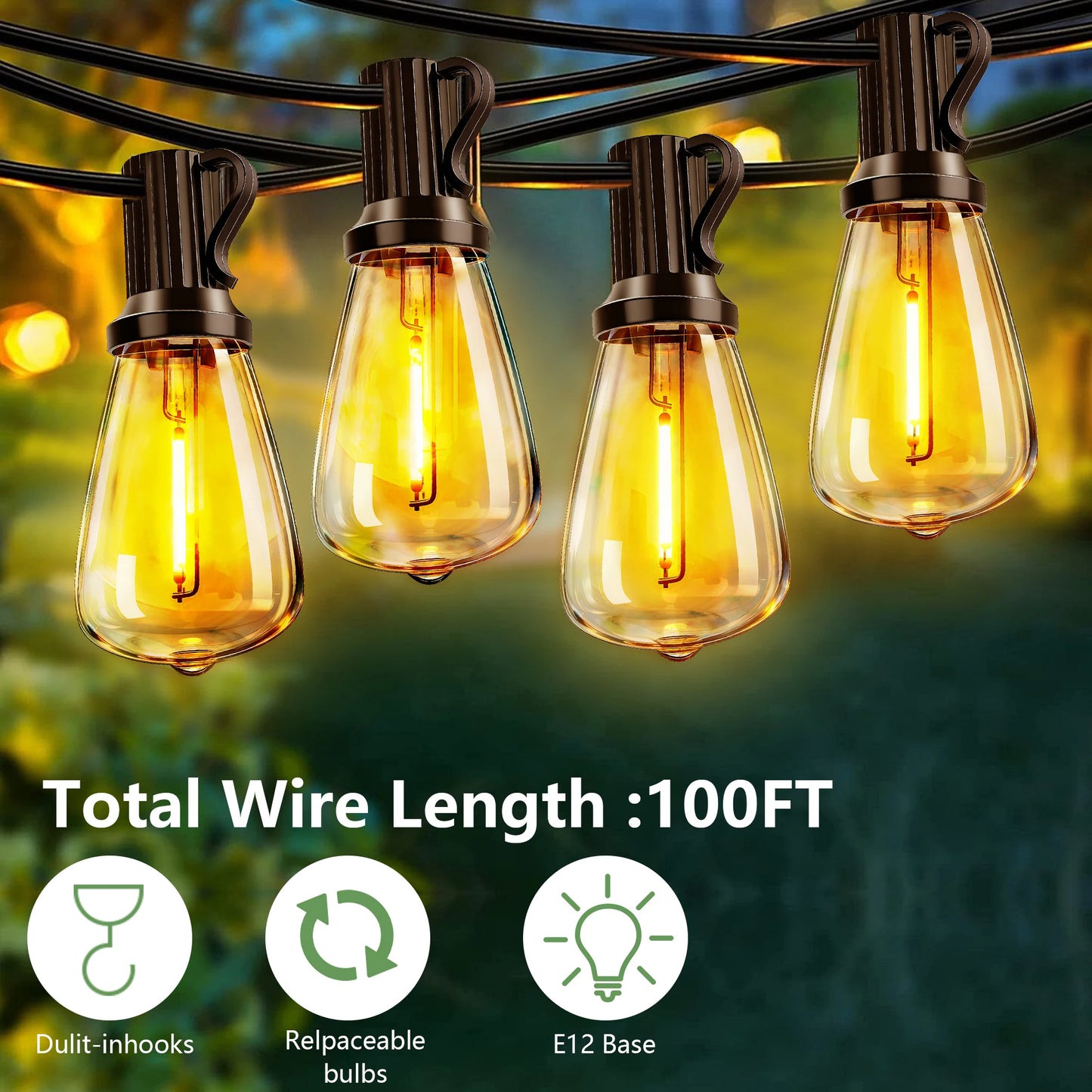 100FT Solar Outdoor String Lights IP65 Waterproof , Shatterproof Replaceable Bulbs, Remote Dimmable