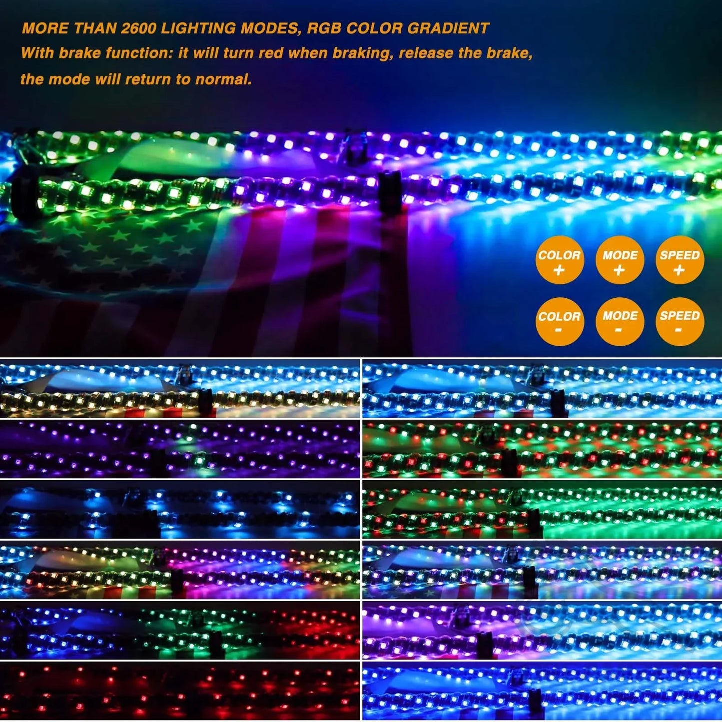 3FT LED Whip Light With App Remote Control Spiral Whip Light for UTV ATV Offroad Truck