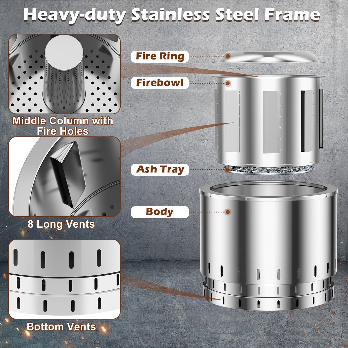 Smokeless Stainless Steel Fire Pit with Ash Pan for Yard Camping-Silver