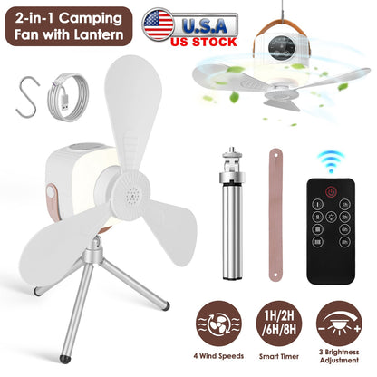 Rechargeable Tent Ceiling Fan with LED Light & Remote Control