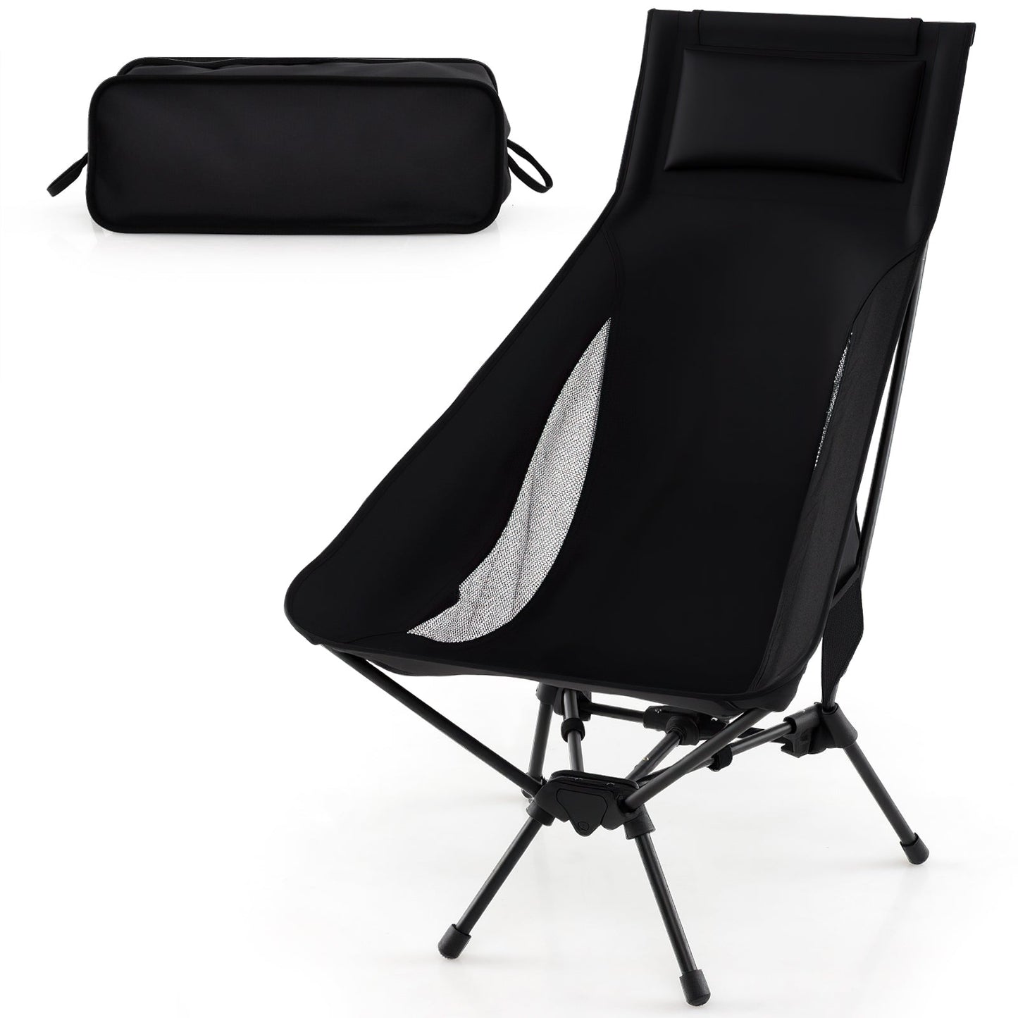 High Back Portable Camping Chair with Compact Carry Bag and Pillow-Black