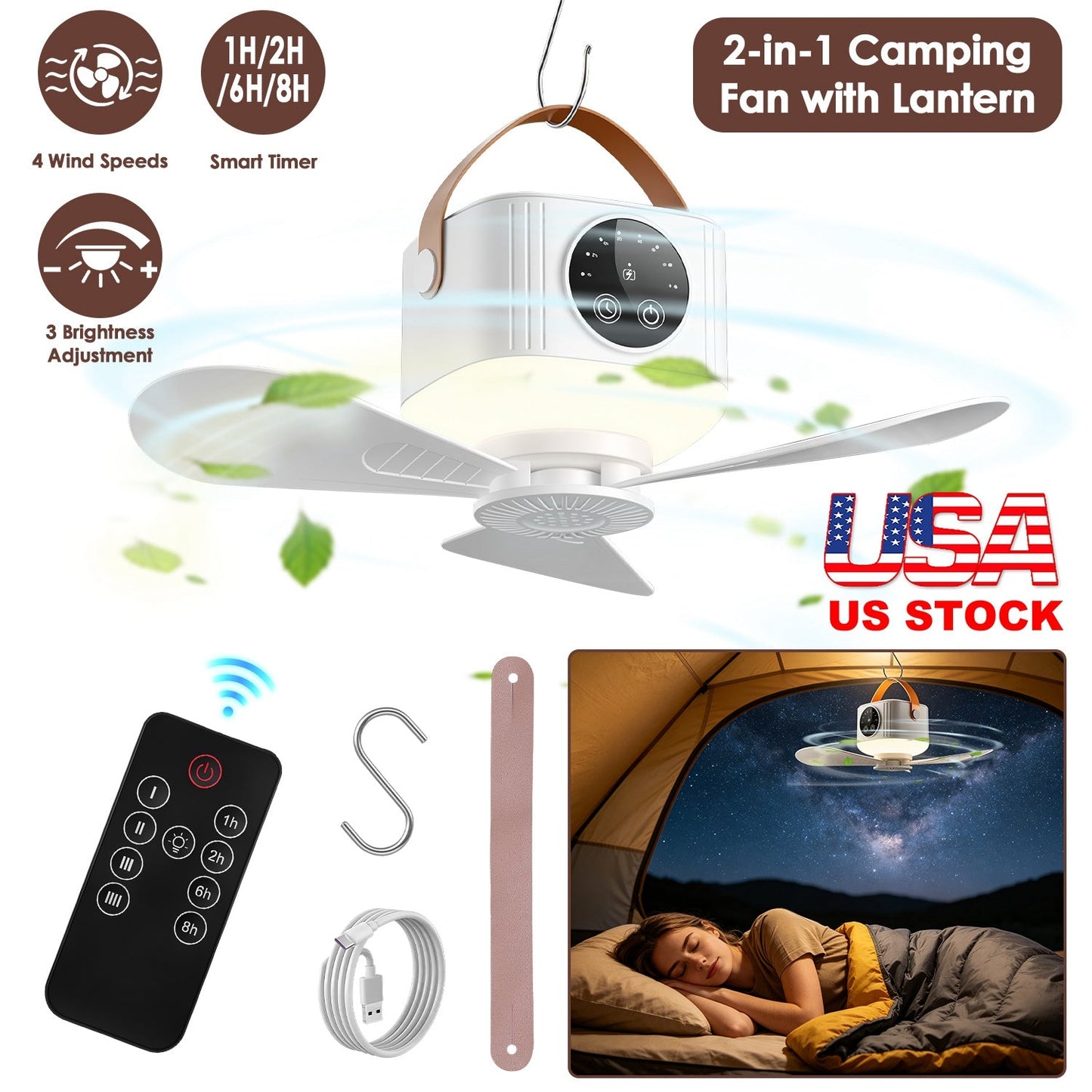 Rechargeable Tent Ceiling Fan with LED Light & Remote Control