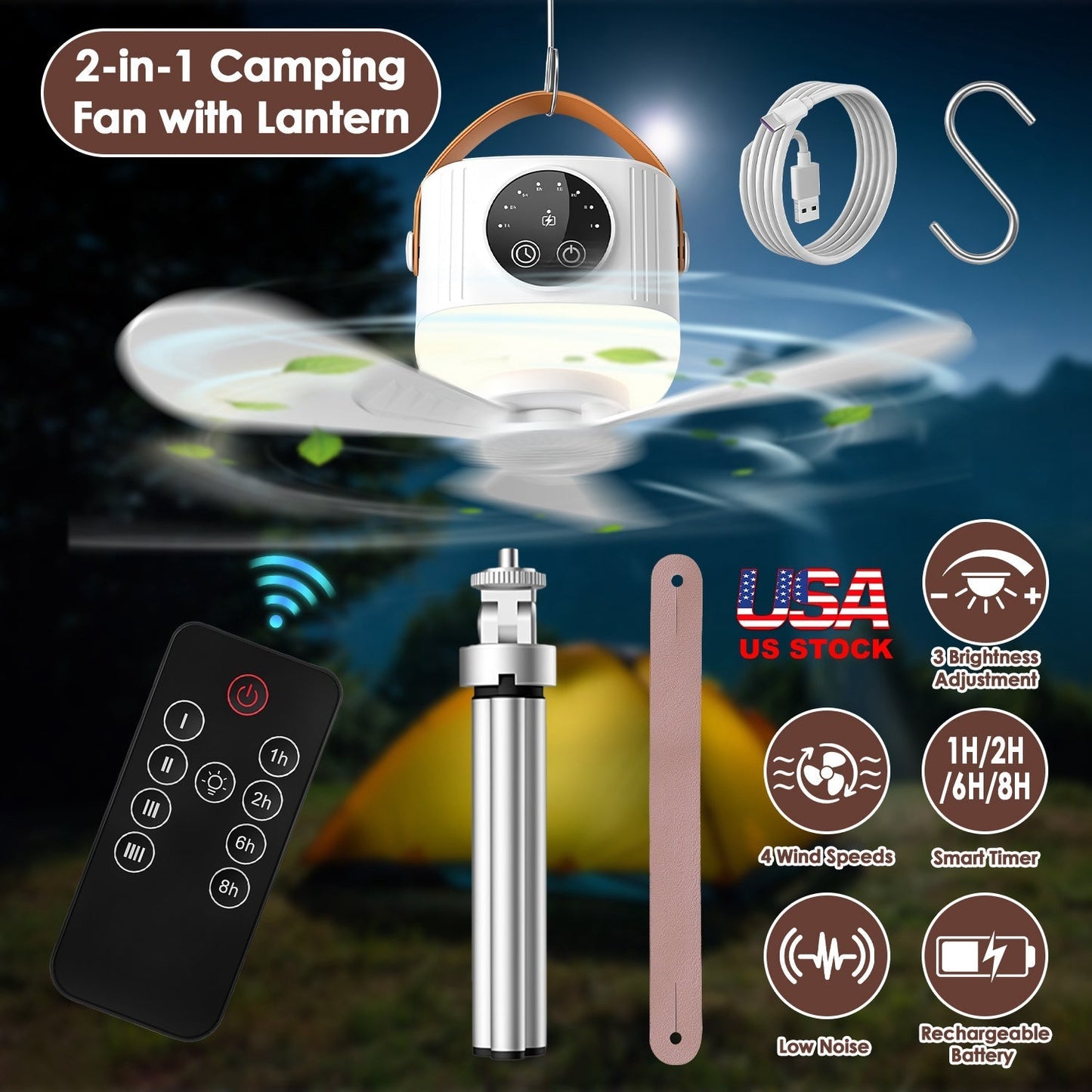 Rechargeable Tent Ceiling Fan with LED Light & Remote Control