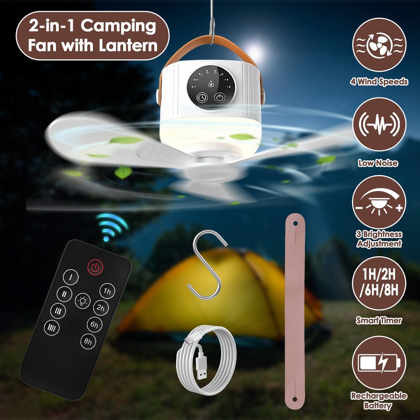 Rechargeable Tent Ceiling Fan with LED Light & Remote Control
