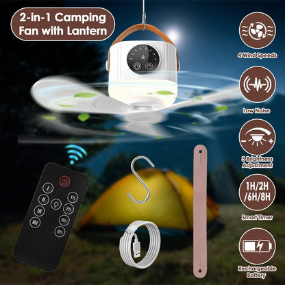 Rechargeable Tent Ceiling Fan with LED Light & Remote Control