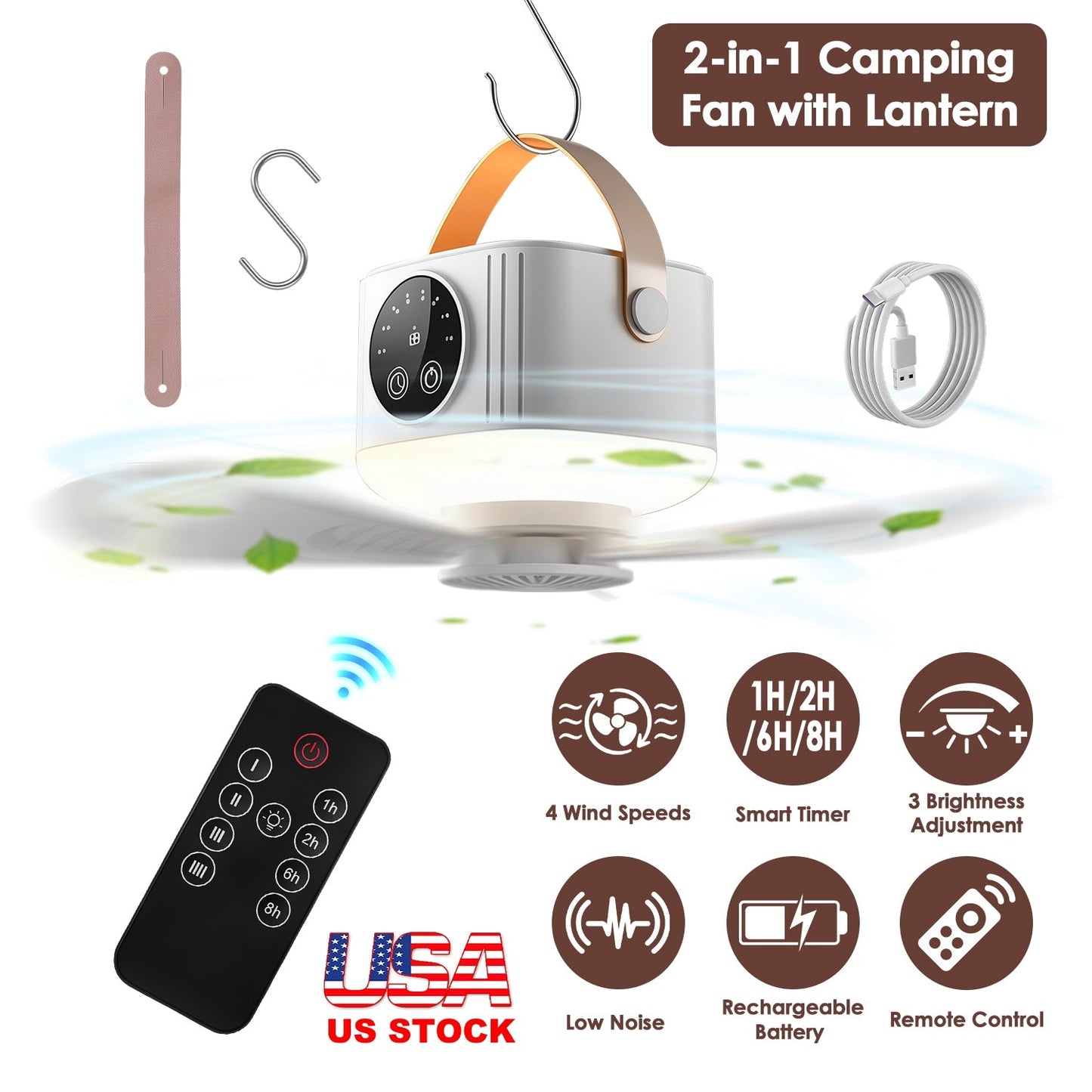 Rechargeable Tent Ceiling Fan with LED Light & Remote Control