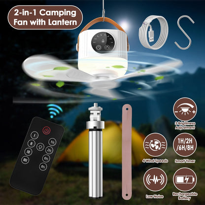 Rechargeable Tent Ceiling Fan with LED Light & Remote Control