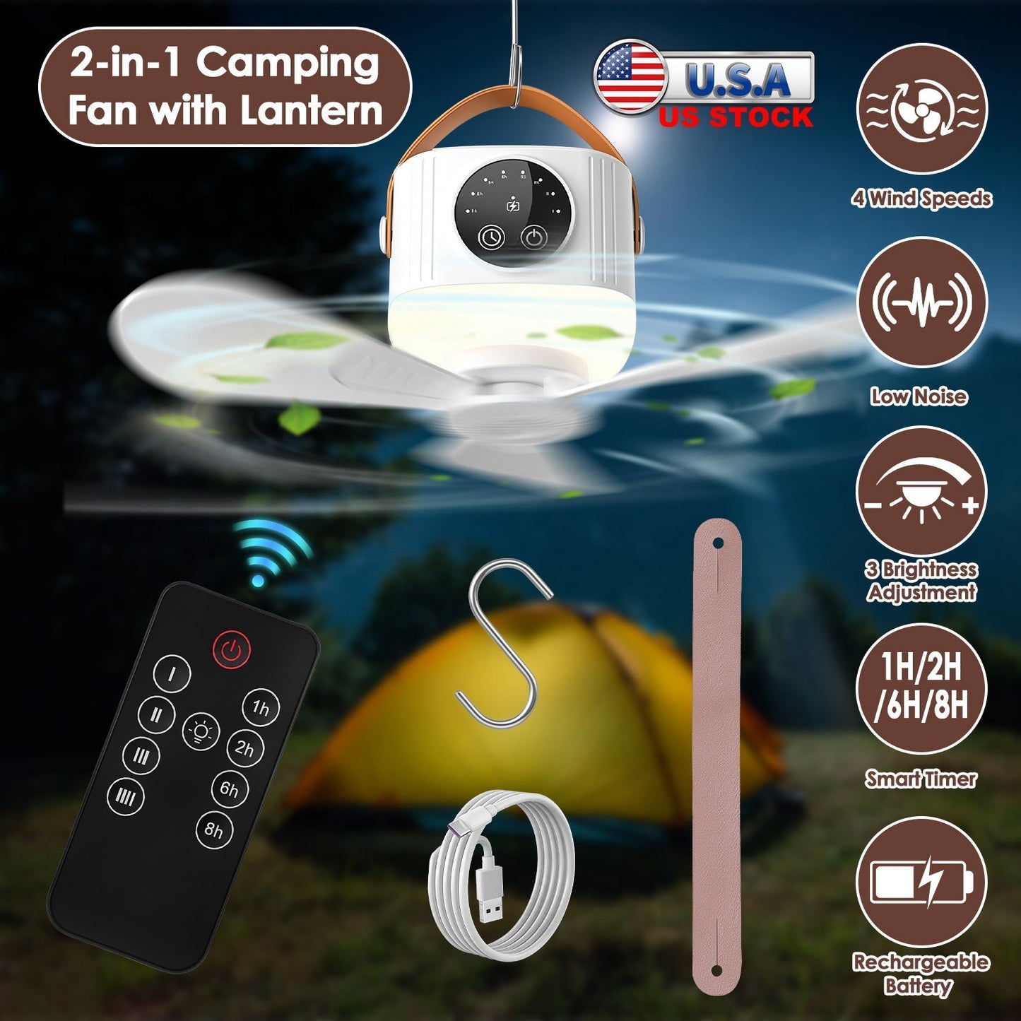 Rechargeable Tent Ceiling Fan with LED Light & Remote Control
