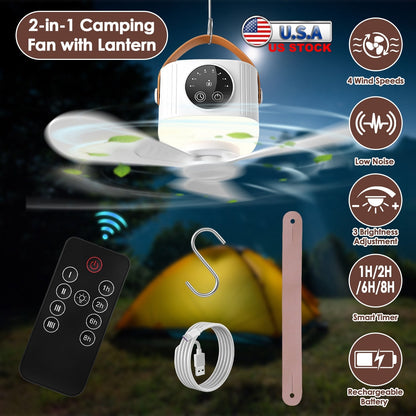 Rechargeable Tent Ceiling Fan with LED Light & Remote Control