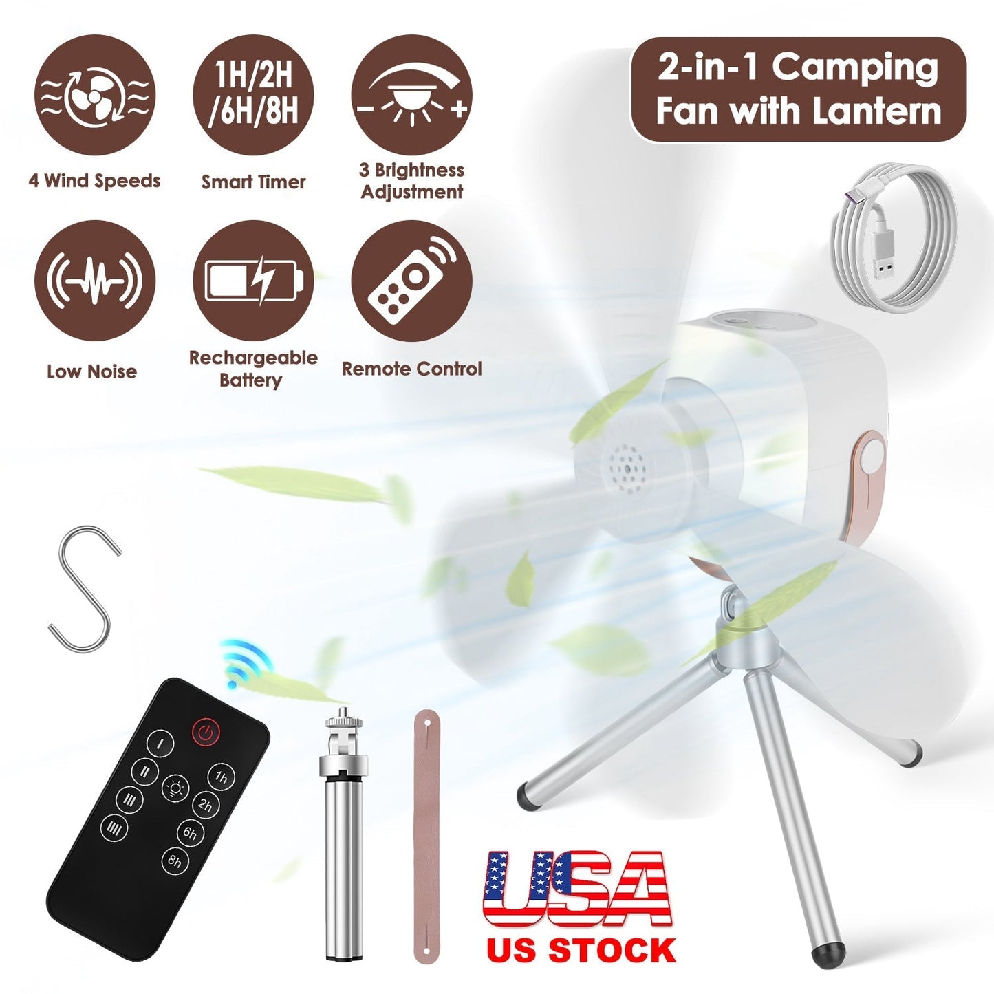 Rechargeable Tent Ceiling Fan with LED Light & Remote Control