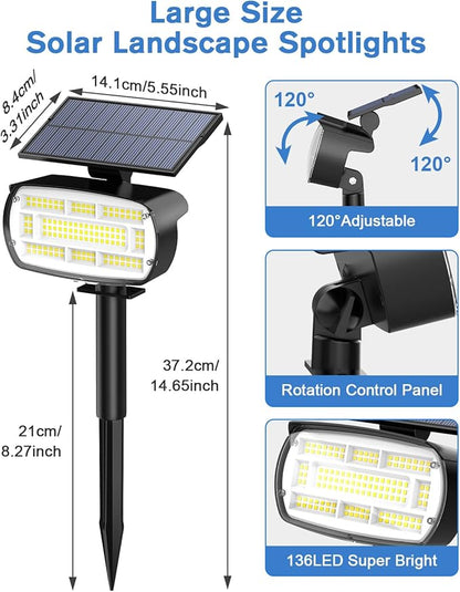 Fabrito Solar Spot Lights Outdoor 136 LEDs, Large Area Lighting Solar Lights Outdoor, 2 Pack IP65 Waterproof Landscape Spotlights Auto On/Off for Yard, Garden, Pathway, Plants,Tree (Cool White)