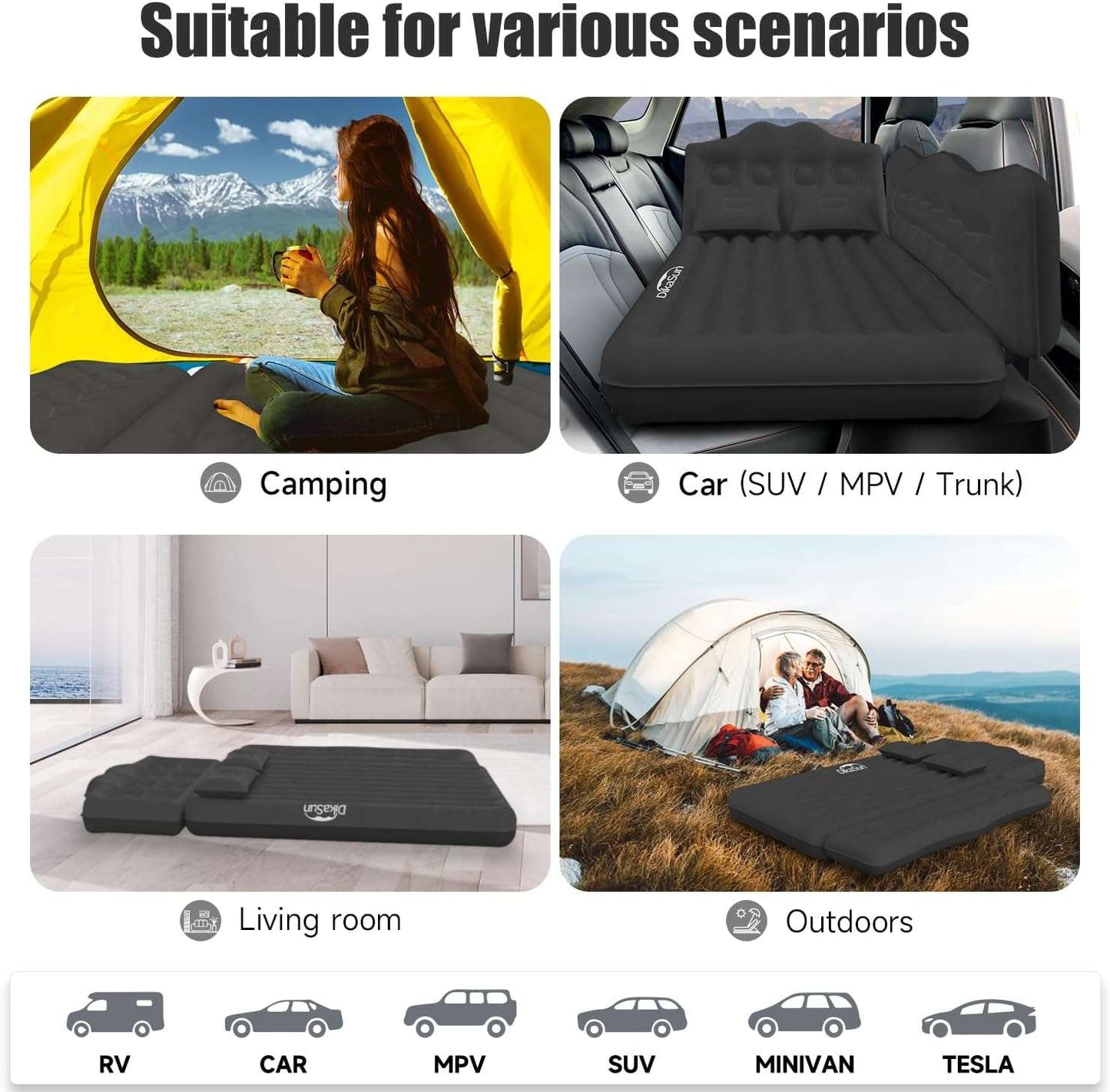 Thicken Backseat SUV/Car/Truck Air Mattress Air Bed Inflatable SUV Truck Mattress -35.4'' Width/Black