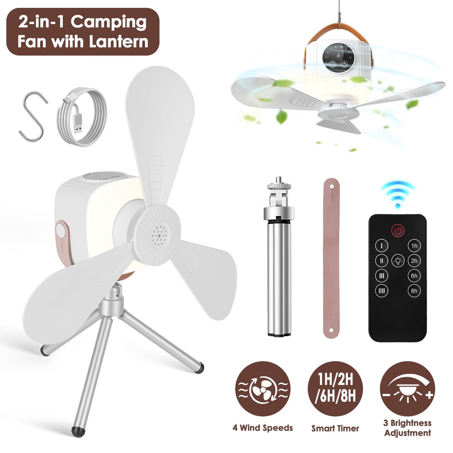Rechargeable Tent Ceiling Fan with LED Light & Remote Control