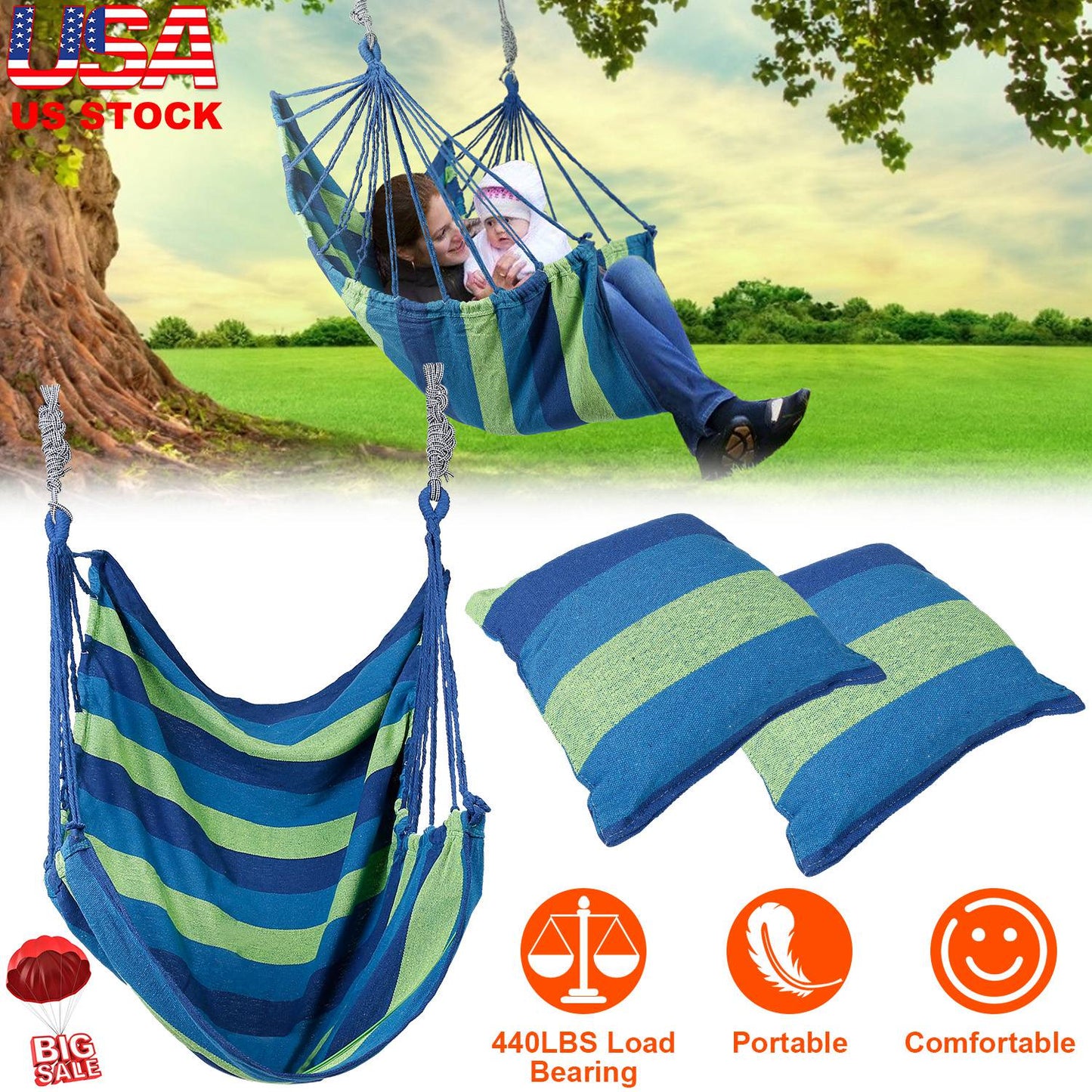 440LBS Hammock Hanging Chair Canvas Porch Patio Swing Seat Portable Camping Rope Seat w/ 2Pillows
