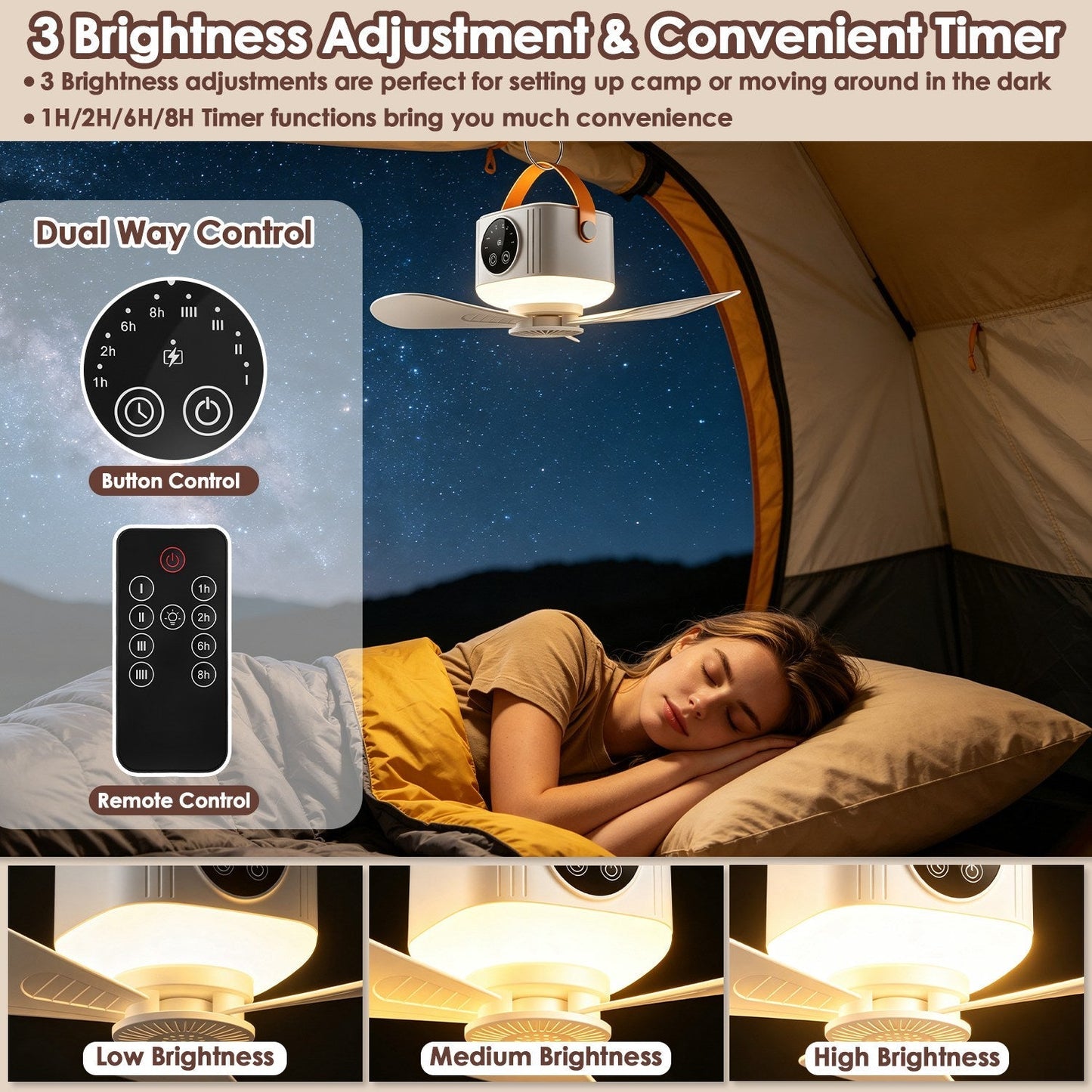 Rechargeable Tent Ceiling Fan with LED Light & Remote Control