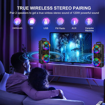 Portable Bluetooth Speaker with Subwoofer Bass, Dual 6.5" LED Woofers and Microphone