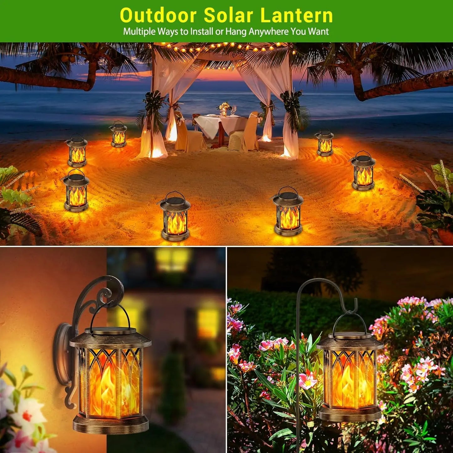 Waterproof Flickering Flame Solar Lantern Outdoor, Auto On/Off Hanging Bronze
