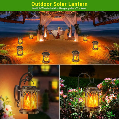 Waterproof Flickering Flame Solar Lantern Outdoor, Auto On/Off Hanging Bronze
