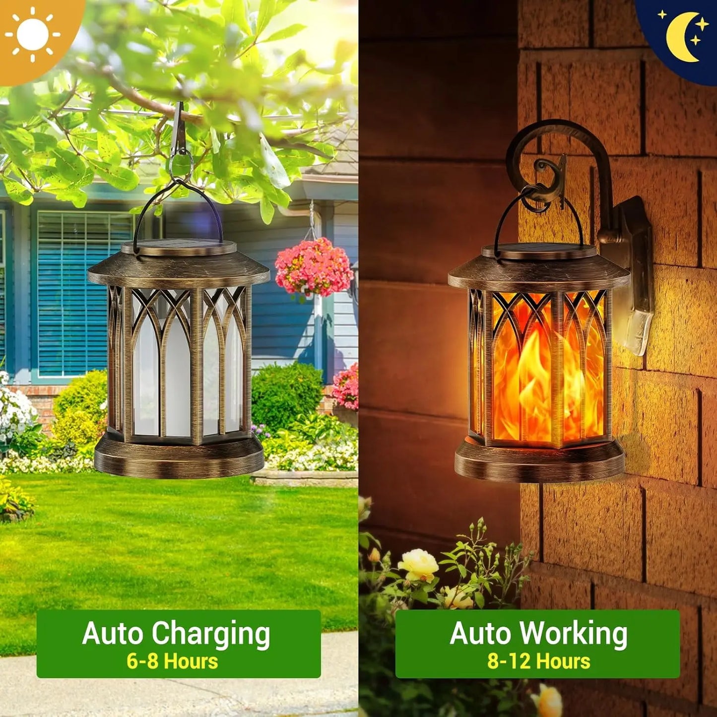 Waterproof Flickering Flame Solar Lantern Outdoor, Auto On/Off Hanging Bronze