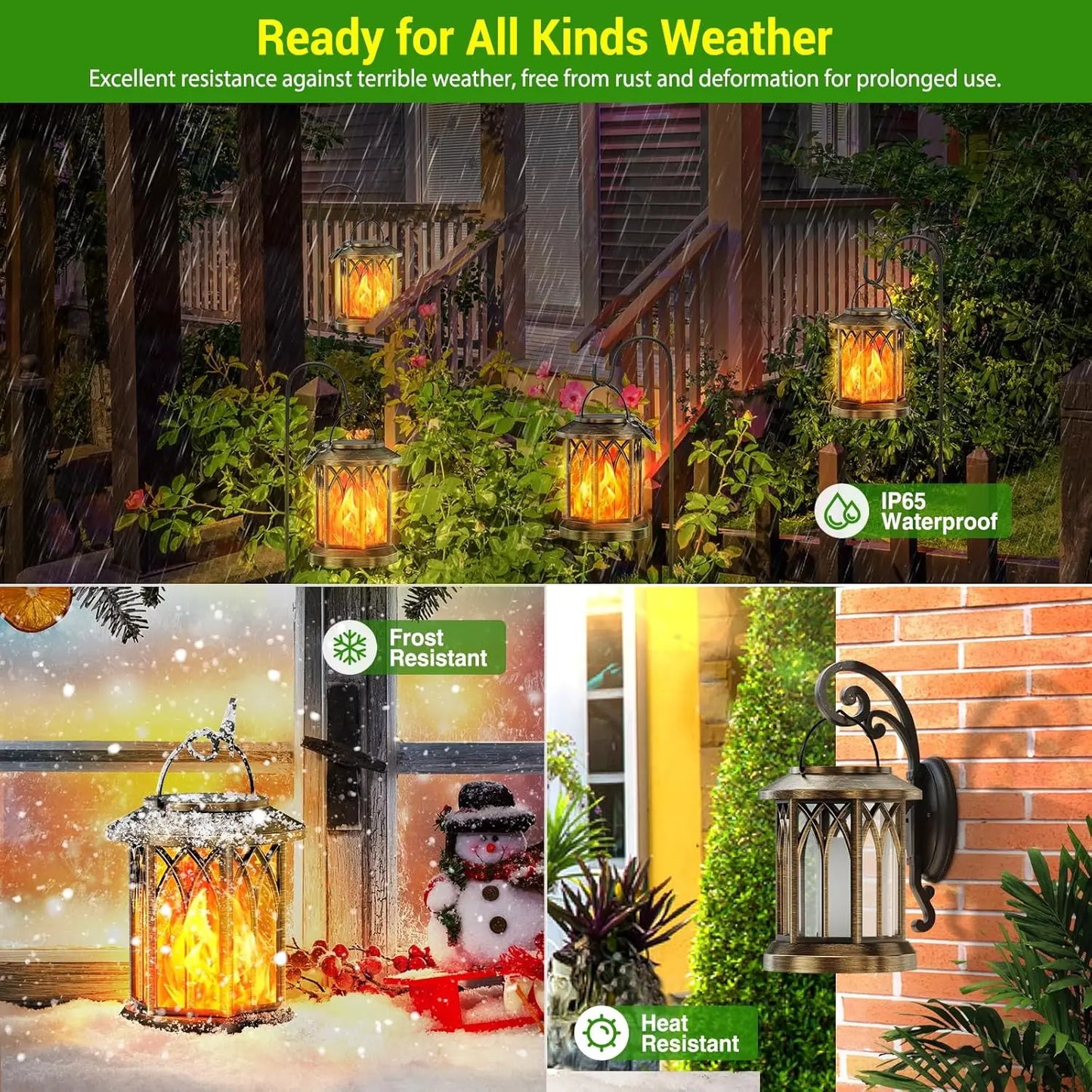 Waterproof Flickering Flame Solar Lantern Outdoor, Auto On/Off Hanging Bronze