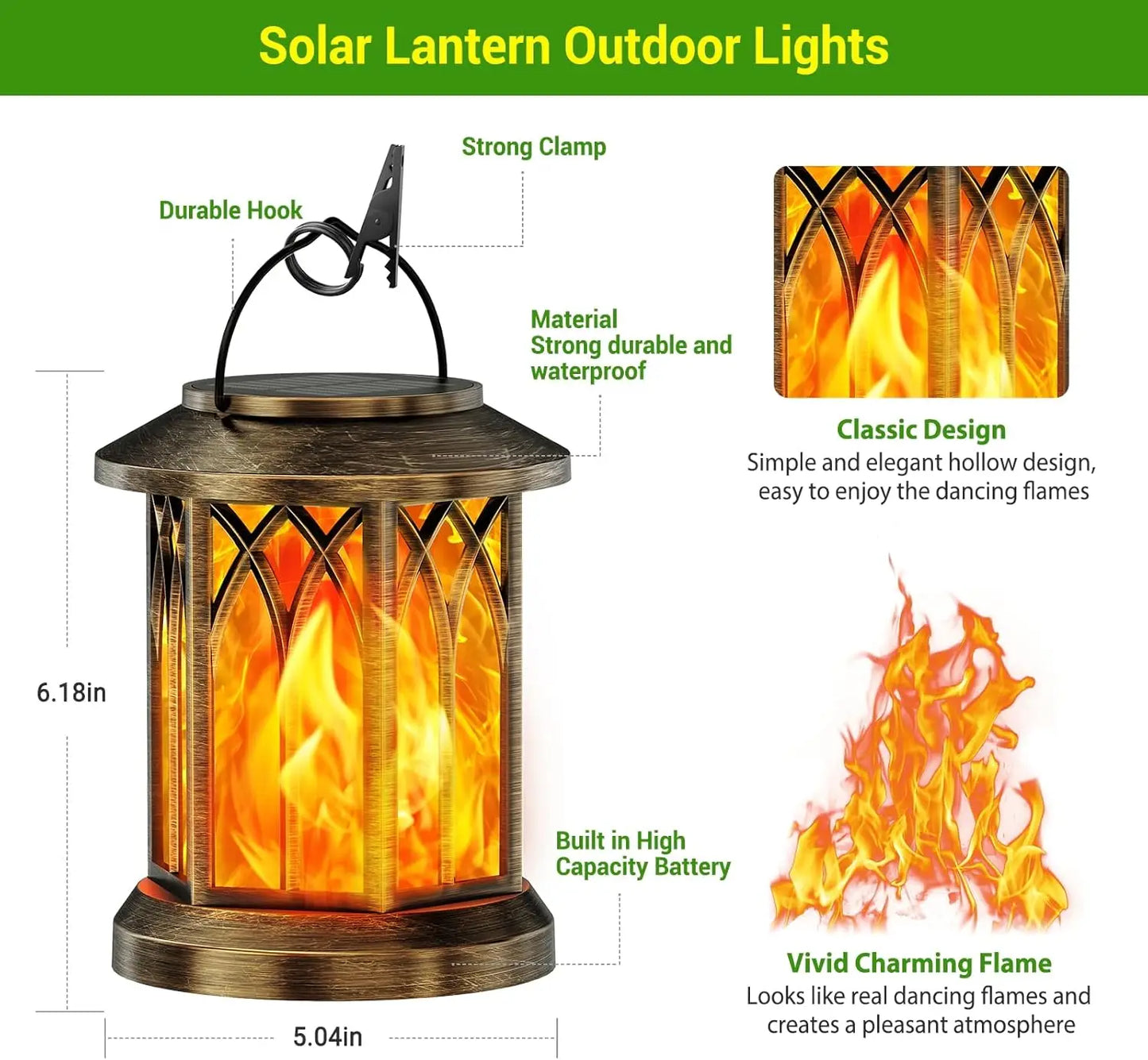 Waterproof Flickering Flame Solar Lantern Outdoor, Auto On/Off Hanging Bronze