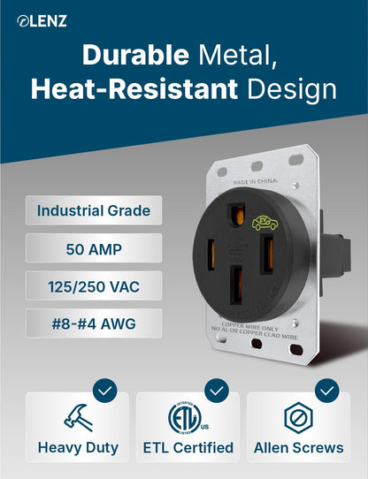Heavy Duty 50A 14-50R Outlet (for continuous use) with Weatherproof Receptacle Box Bundle: LENZ Heavy Duty 50 Amp 14-50R UL-Compliant Receptacle Outlet + Weatherproof Lockable Receptacle Box + HD Coverplate