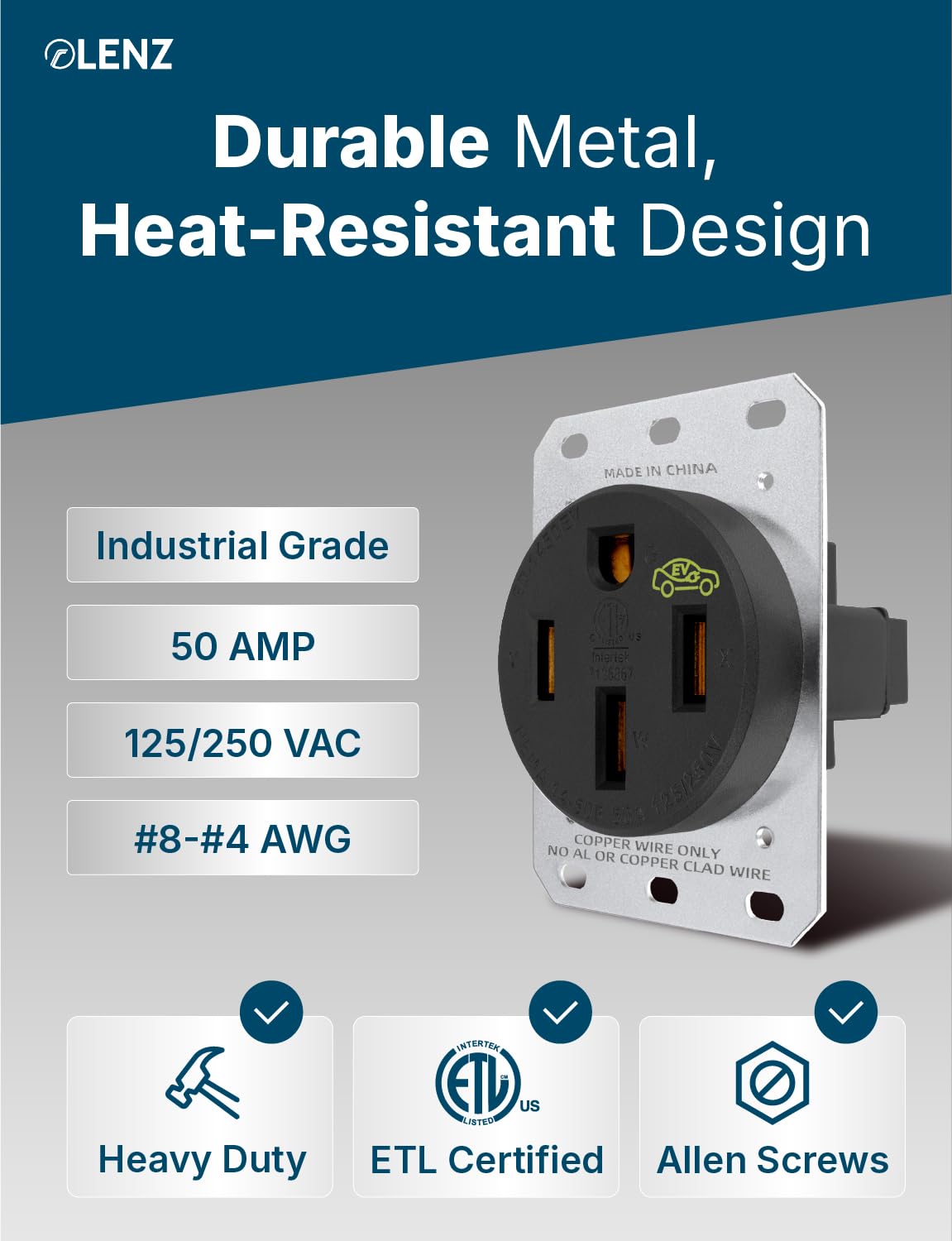 LENZ Heavy Duty NEMA 50 Amp 14-50R UL-Compliant Receptacle Outlet, Industrial Grade 250V, EV Charger Ready Heat Resistant Design for Electric Vehicles & RV Charging