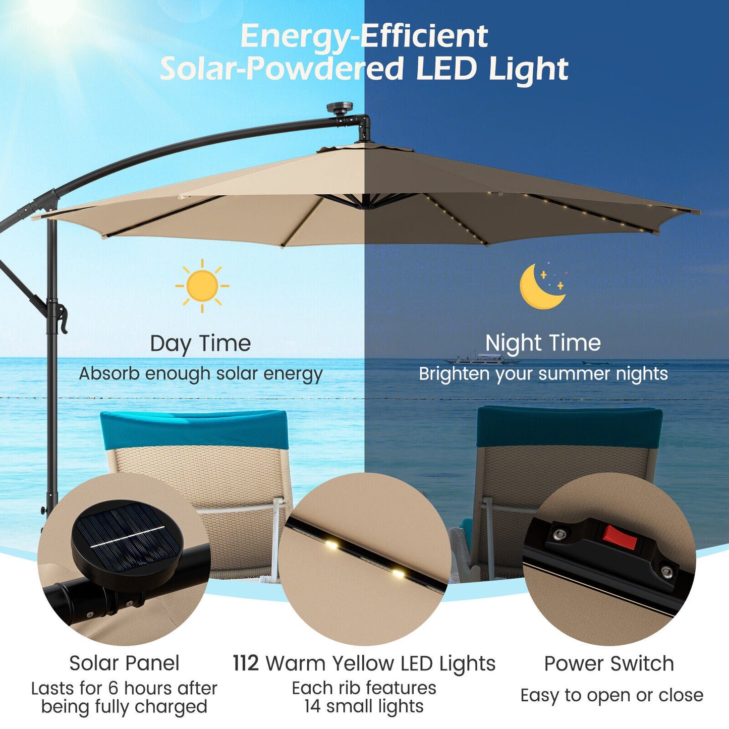 10 Feet Patio Offset Umbrella with 112 Solar-Powered LED Lights
