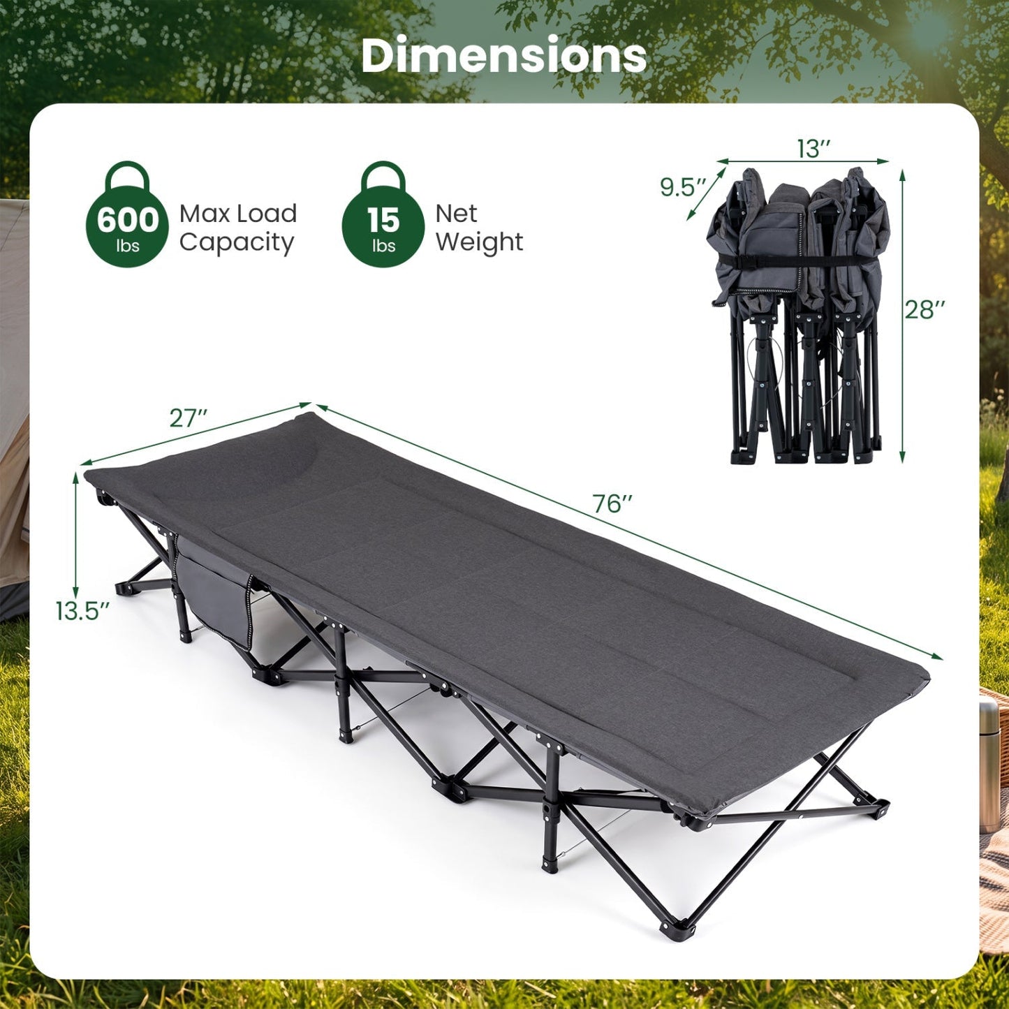 Camping Cot with Padded Pillow and Storage Pouch - Gray