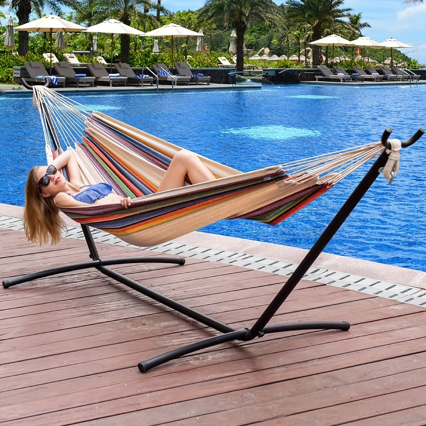 Heavy Duty Double Hammock with Steel Stand 450lbs Portable Outdoor Indoor Blue