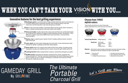 Grill Time Tailgater GTX Portable Charcoal Grill with Glass Hood Perfect for Camping Accessories