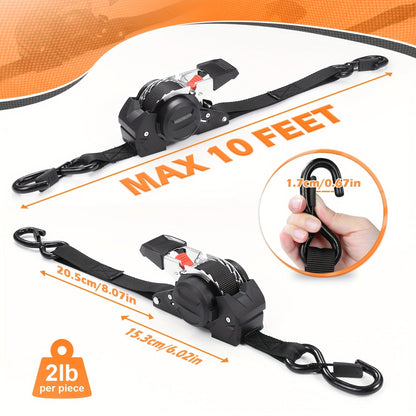 4PCS Retractable Ratchet Tie Down Straps – 10FT Heavy Duty Self-Retracting Cargo Straps for Truck, Trailer & Motorcycle