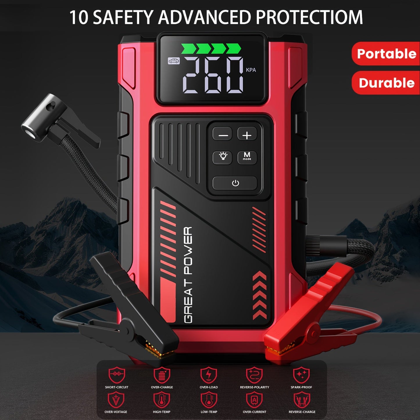 9-in-1 Portable Jump Starter with Air Compressor 12V Car Battery Booster USB LED