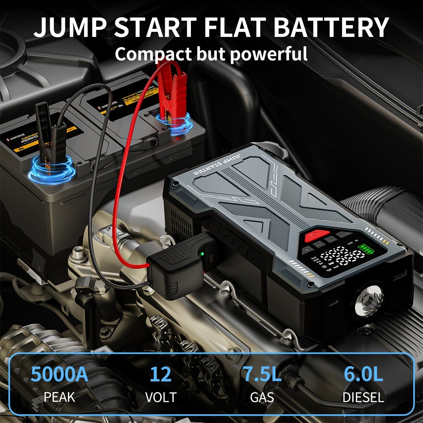 9-in-1 Portable Jump Starter with Air Compressor 12V Car Battery Booster USB LED