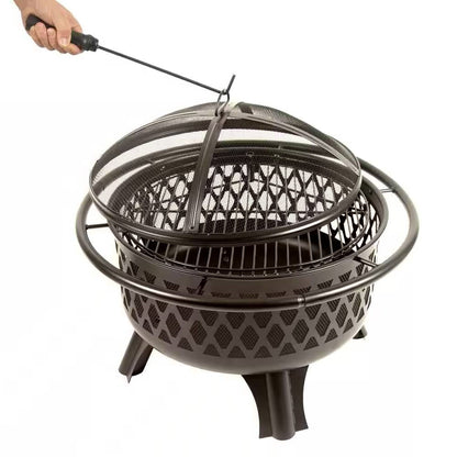 30-inch Black Steel Outdoor Fire Pit Grill with Screen and Poker