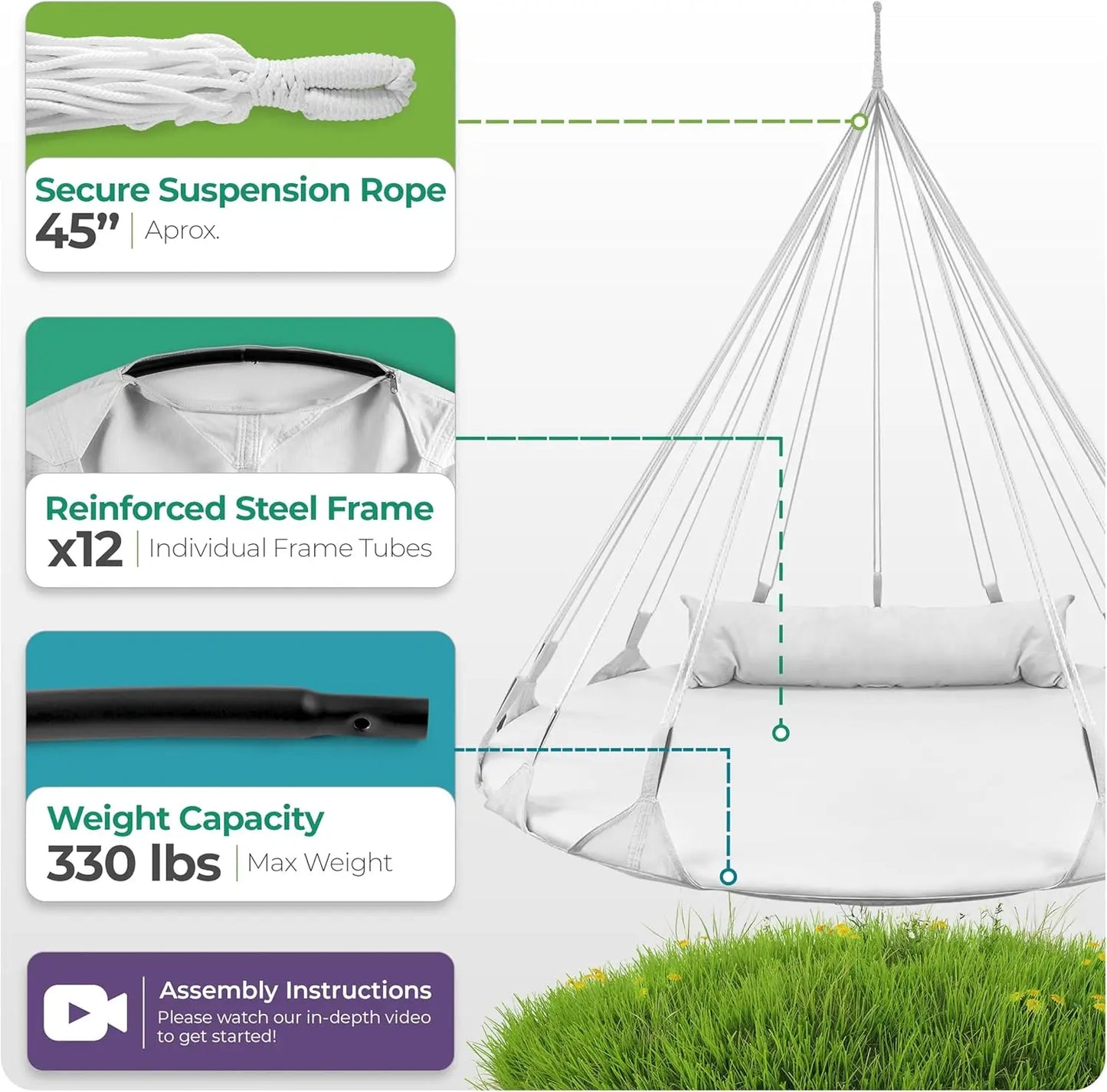 56" Cotton Hanging Swing Chair with Pillow - Indoor/Outdoor-Easy Setup