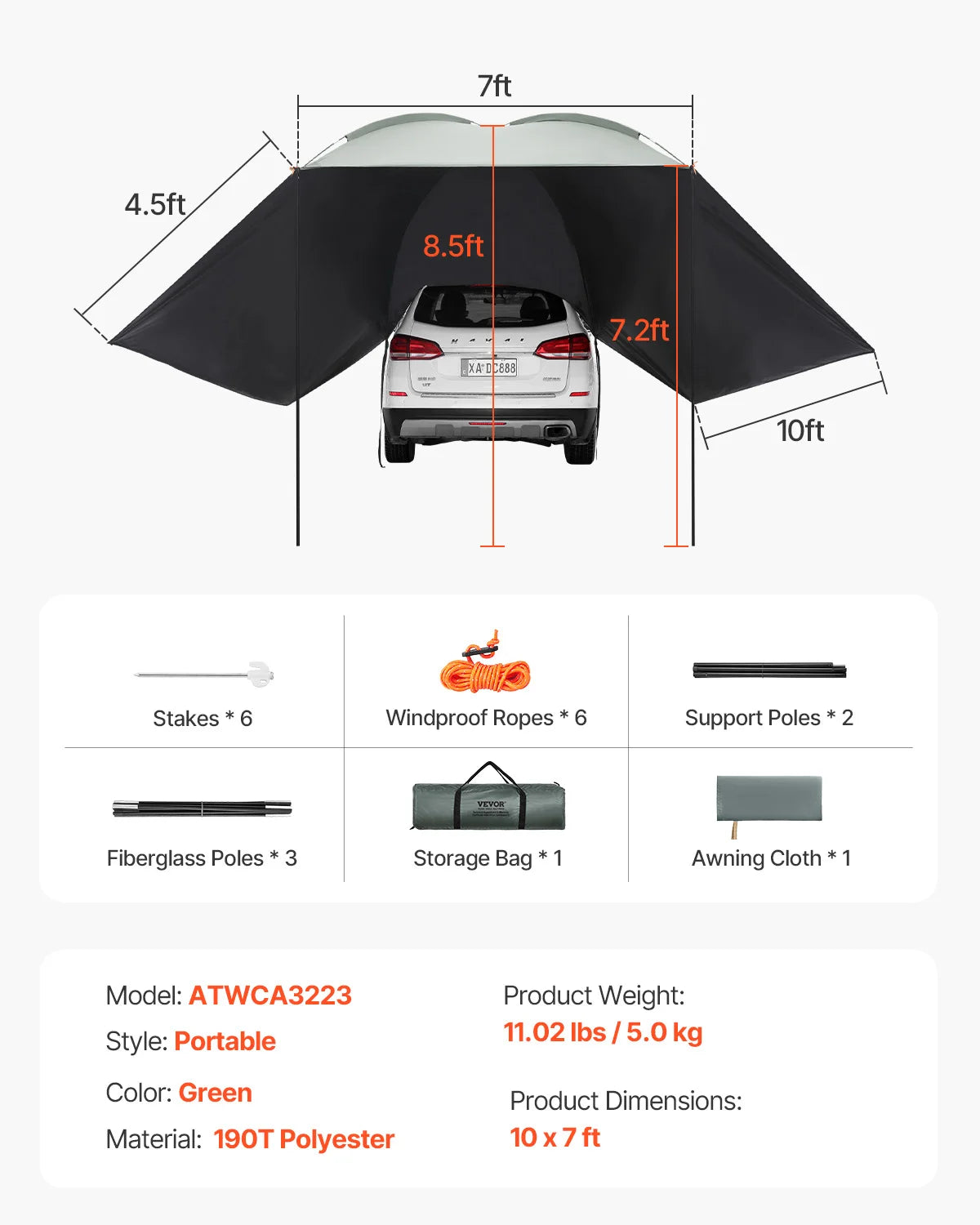 Vehicle  Retractable Car Side Awning Car Waterproof Storage Bag  Suitable for Truck SUV Van Campers