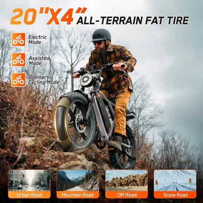 1500W Peak Electric Bike, 28 MPH, 60-100 Miles Range, 48V Battery Fat Tires, 7-Speed Suspension