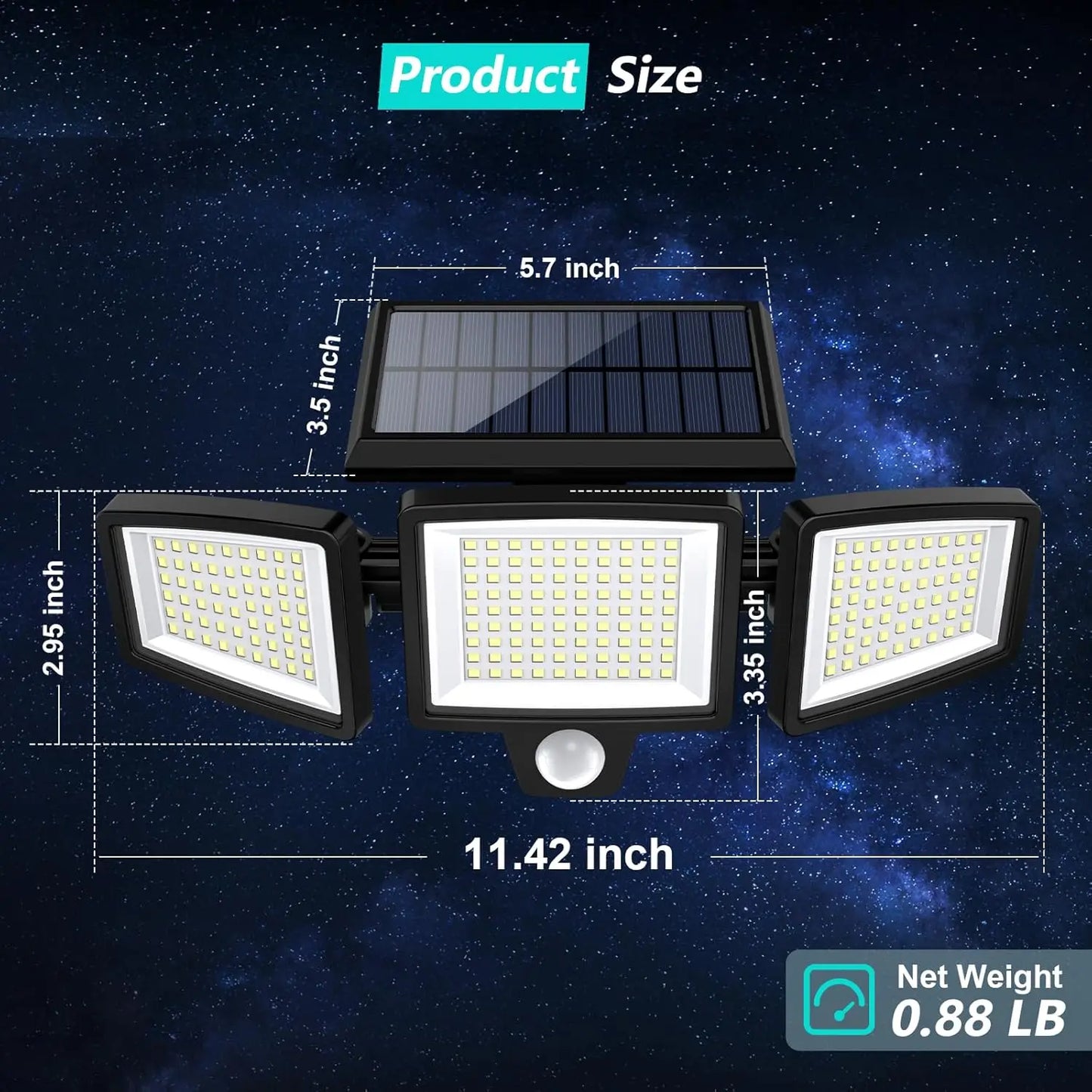 Outdoor Waterproof Solar Light with Motion Sensor 3-Head 200+ LEDs Security Light
