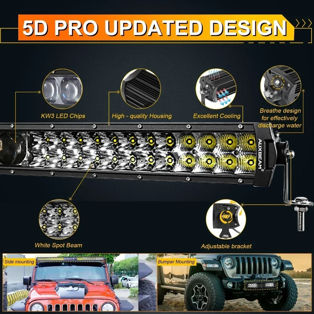 AUXBEAM 12-32 inch LED Work Light Bar with Wire Harness kit 270W 33000lm High Brightness for SUV ATV UTV Trucks 5D-PRO Series