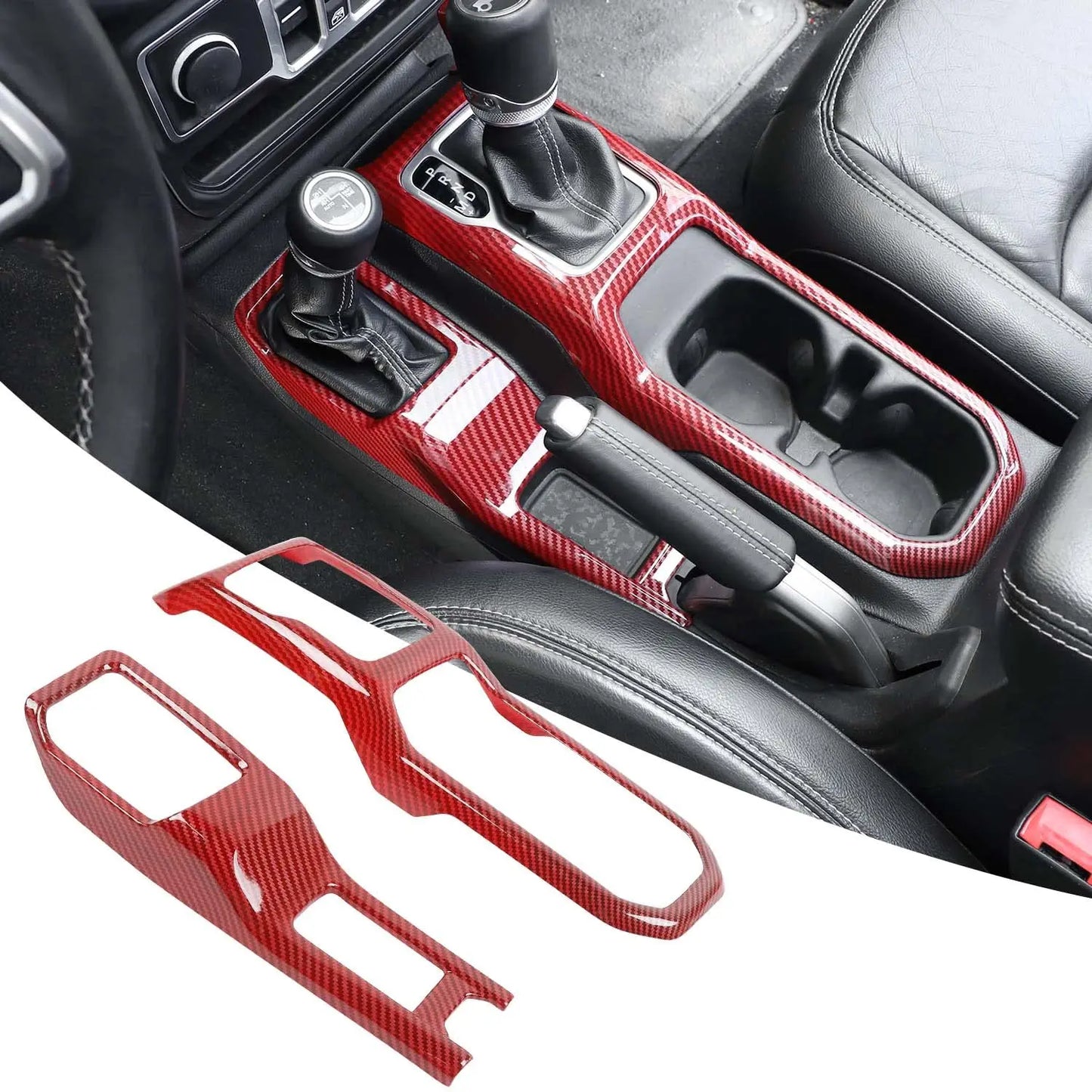 Red Glossy Center Console Trim Kit For Gear Shift And Cup Holder Area Compatible With Jeep JL JLU Gladiator JT 2018–2024