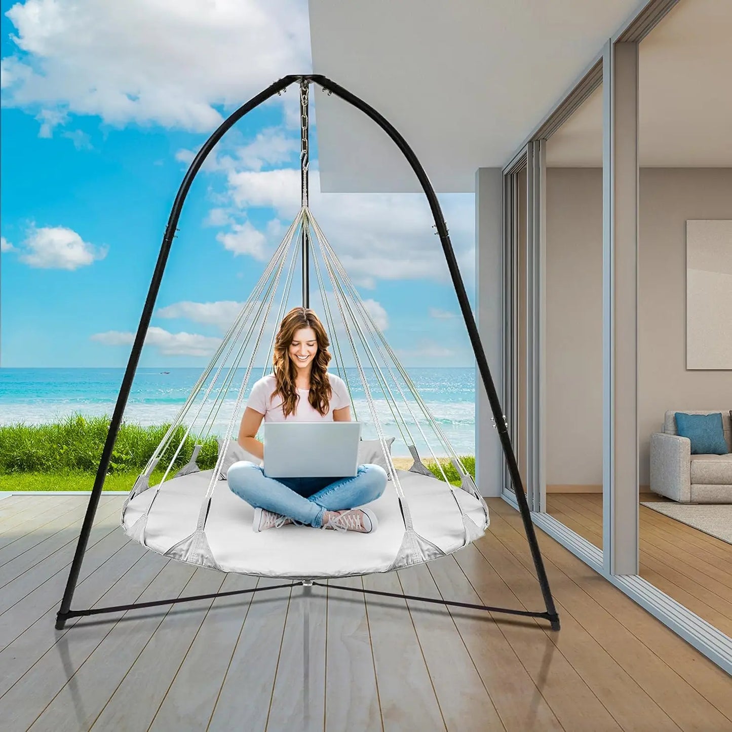 56" Cotton Hanging Swing Chair with Pillow - Indoor/Outdoor-Easy Setup