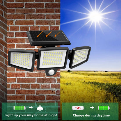 Outdoor Waterproof Solar Light with Motion Sensor 3-Head 200+ LEDs Security Light