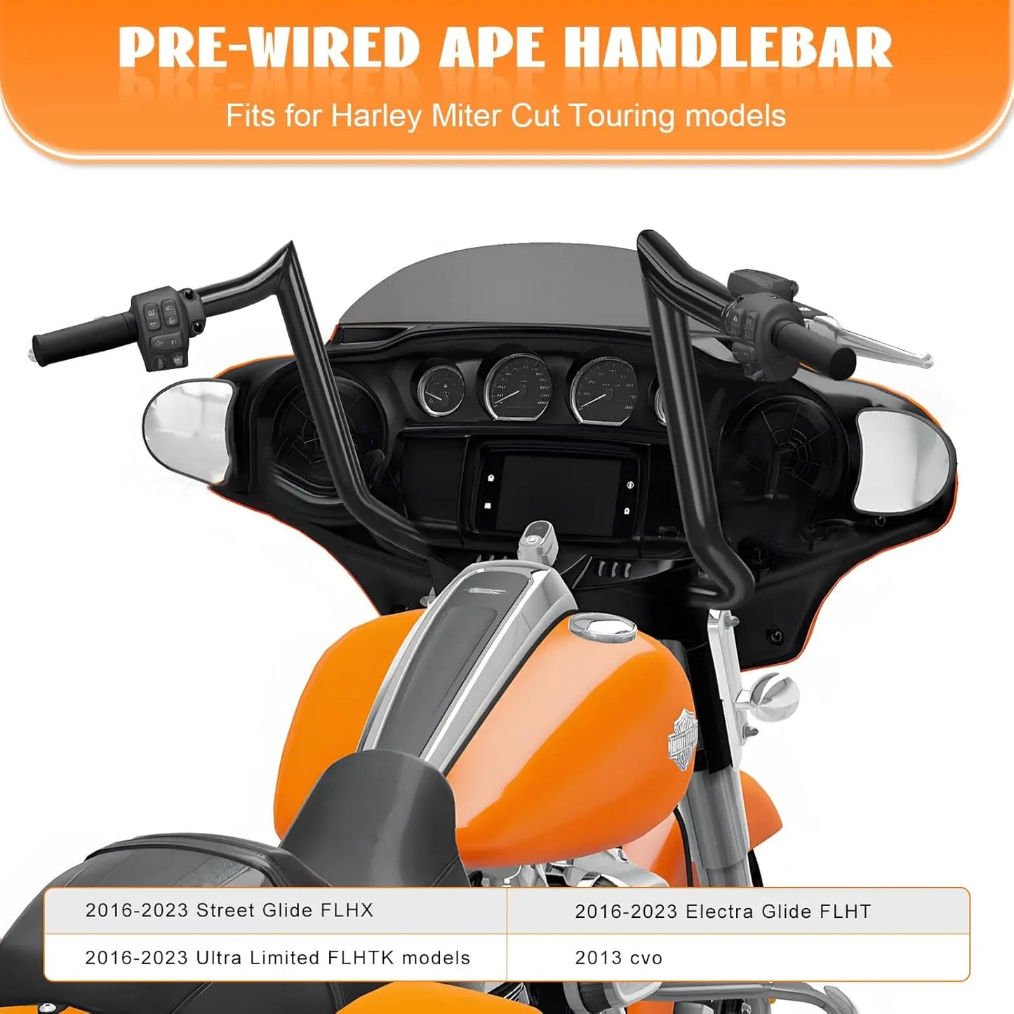 16" Rise Pre-Wired Ape Hangers Handlebars 1 1/4" 1" Clamp Meathook Chrome Fit for Harley Touring