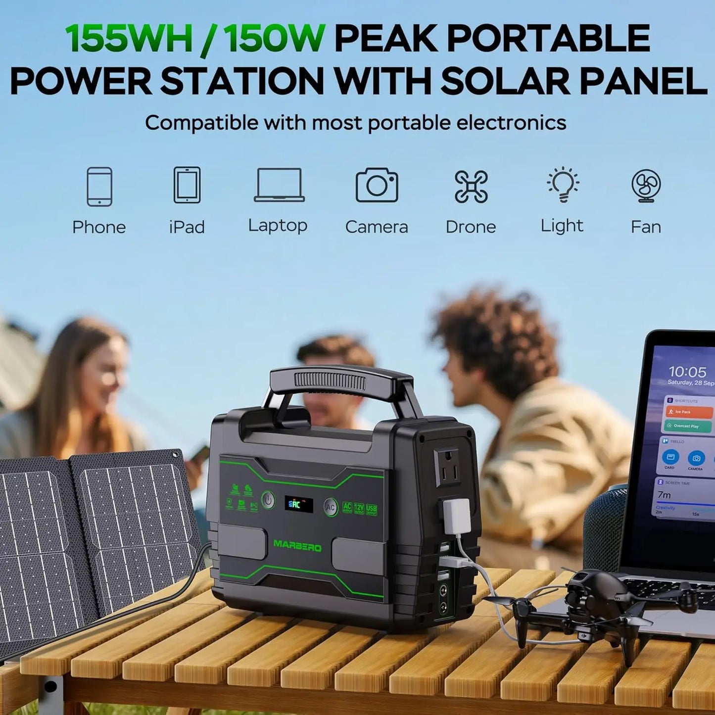 155Wh Solar Generator with 30W Panel, 2 AC Outlets, QC3.0 USB - Portable Power Station