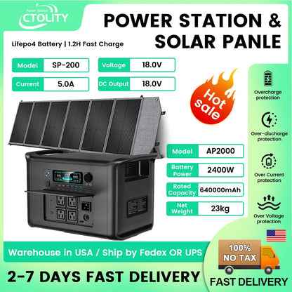 2400W Fast Charging Portable Power Station 200W Foldable Portable Solar Panel