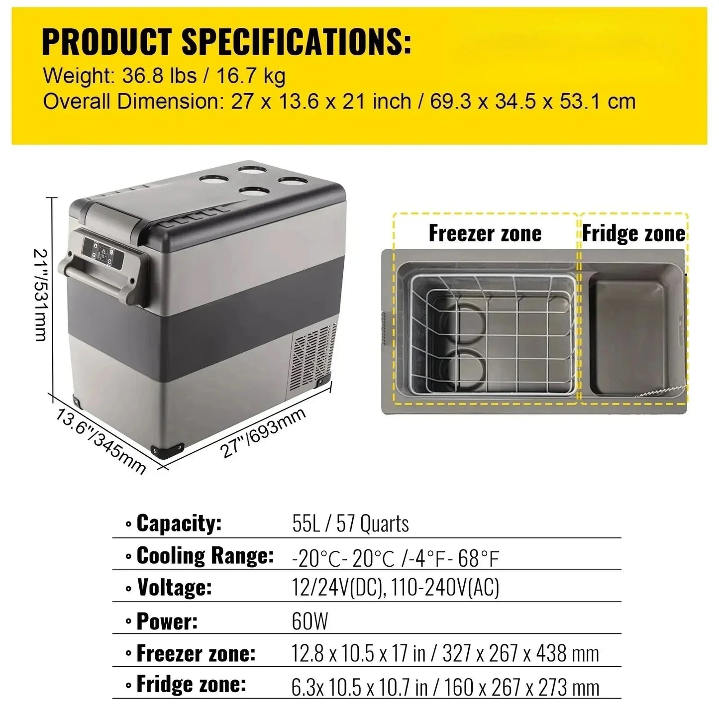 Car Refrigerator, 12V Car Fridge, -4℉-50℉ Adjustable Range,12/24V DC and 100-240V AC Compressor Cooler for Outdoor