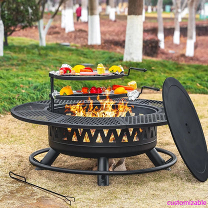 47Inch Fire Pit With 2Grills,Outdoor Extra Large Firepits For Outside,3-in-1 Round Metal Table With Lid