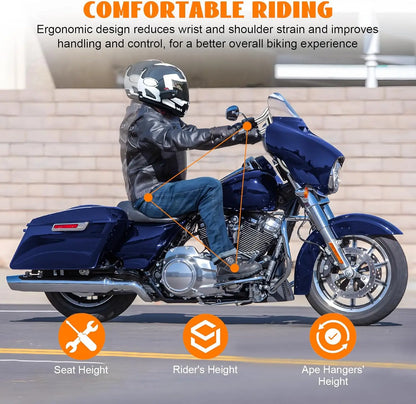 16" Rise Pre-Wired Ape Hangers Handlebars 1 1/4" 1" Clamp Meathook Chrome Fit for Harley Touring