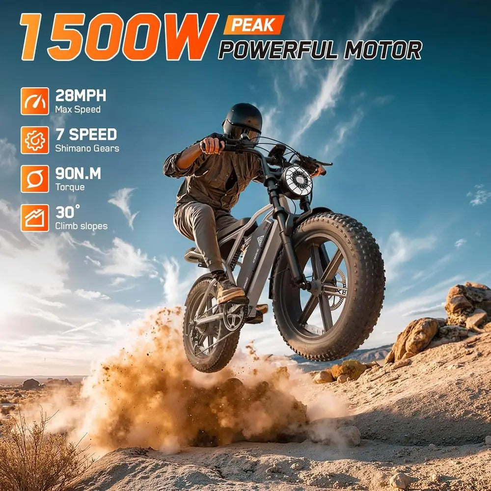 1500W Peak Electric Bike, 28 MPH, 60-100 Miles Range, 48V Battery Fat Tires, 7-Speed Suspension
